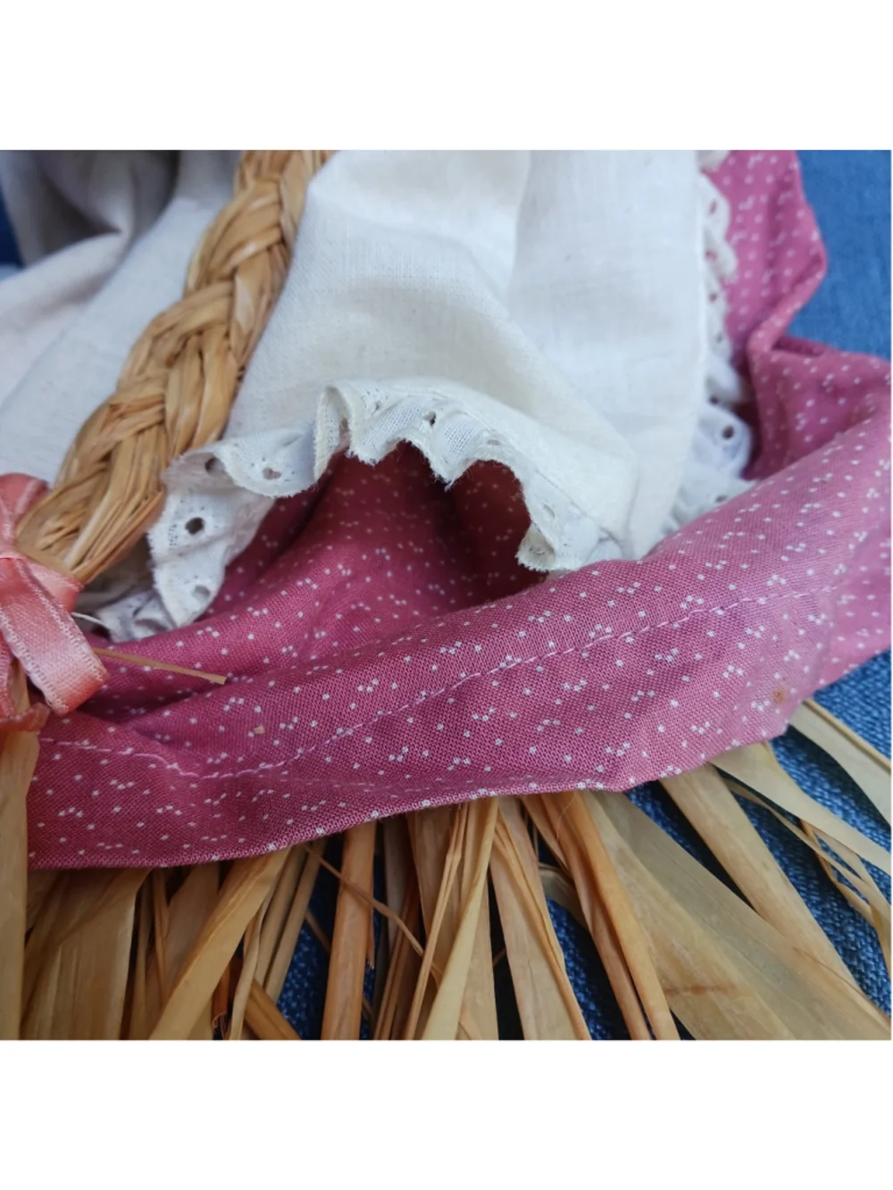 VTG Cottagecore Straw Doll Pink Calico Braids Basket 16